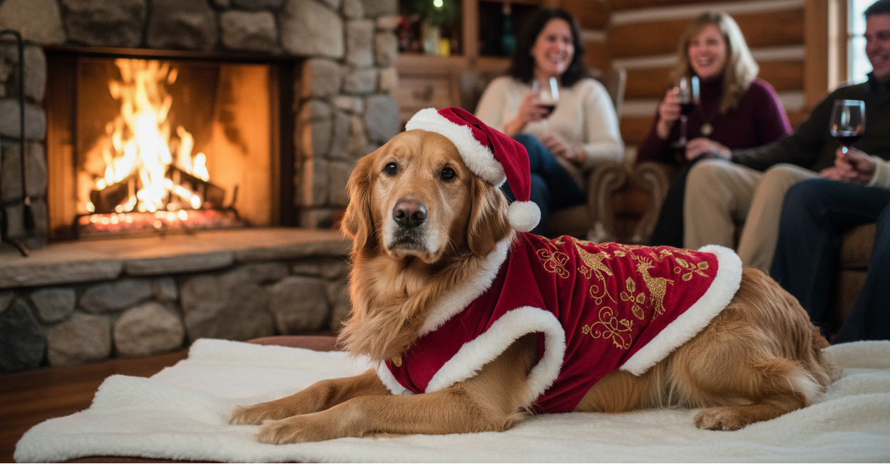 Canon PowerShot G12 (2010) landscape photo of a dog lying with a chritmas outfit clearly from an expensive brand (no logos), lying on a white blanket in front of a fire in a wood log cabin with people sat in the blurred background having christmas happy times with a glass of wine each on comfortable chairs, zoomed out like a family photo but theyre not looking at or posing for the camera.