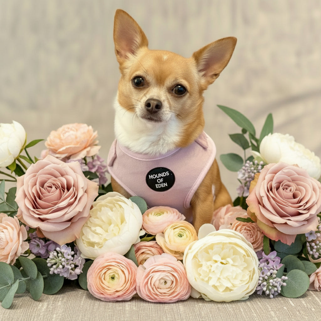 Lilac Dreams - Lilac Velvet Dog Harness with Rose Gold Metal Hardware